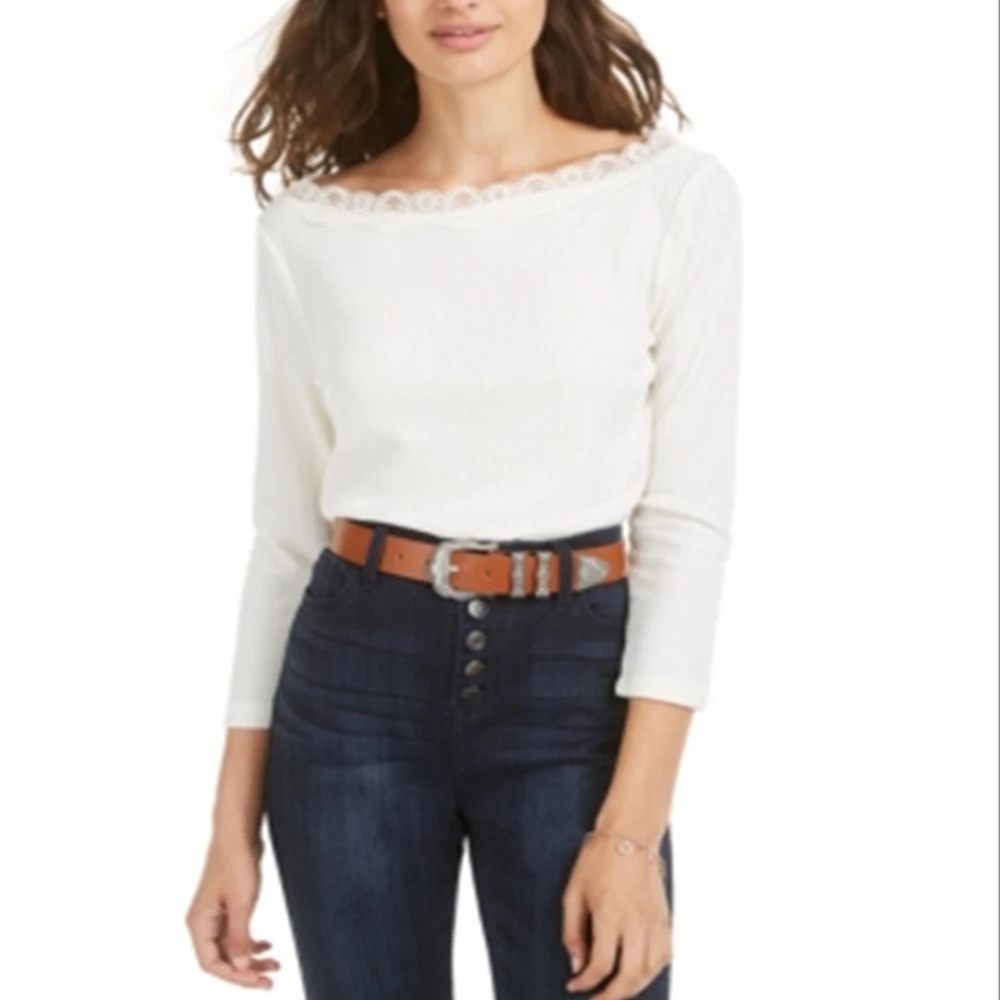 Nwts American Rag Lace TrimPointelle Knit Top White Size M